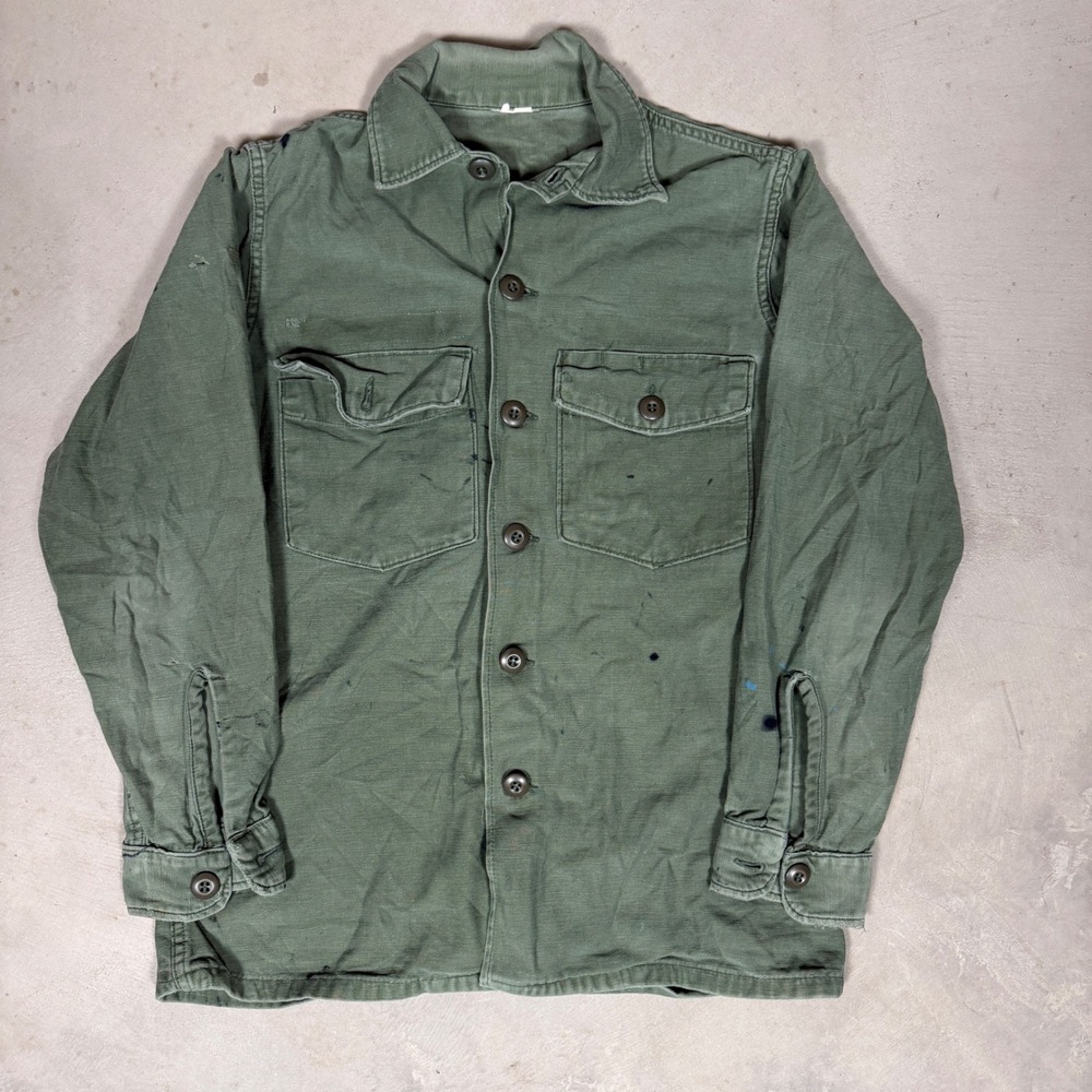 Vintage Military OG-107 Sateen Utility Shirt Olive Drab Distressed Mens Medium